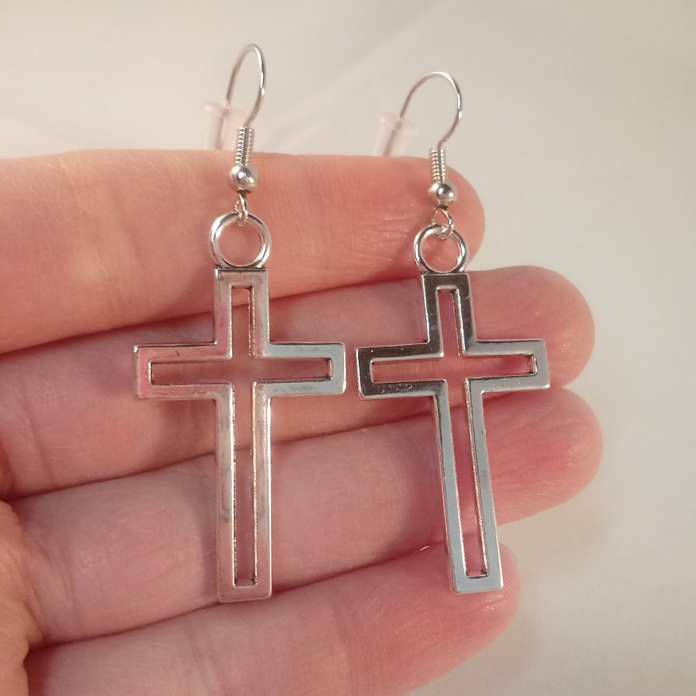 Silver Cross Dangle Earrings Hypoallergenic Hooks